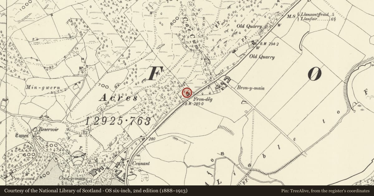 Ordnance Survey six-inch map, 2nd edition (1888–1913) covering the location of Outbuilding to Frondeg, Meifod, Powys, with a pin at the register's coordinates