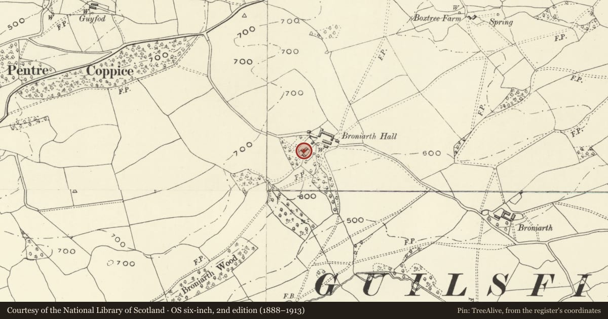 Ordnance Survey six-inch map, 2nd edition (1888–1913) covering the location of Broniarth Hall, Meifod, Powys, with a pin at the register's coordinates