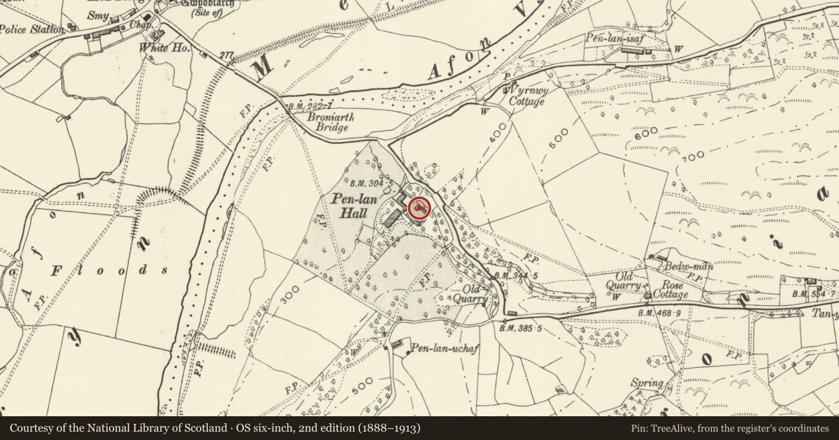 Ordnance Survey six-inch map, 2nd edition (1888–1913) covering the location of Stables and Coach-Houses at Pen-y-Lan Hall, Meifod, Powys, with a pin at the register's coordinates