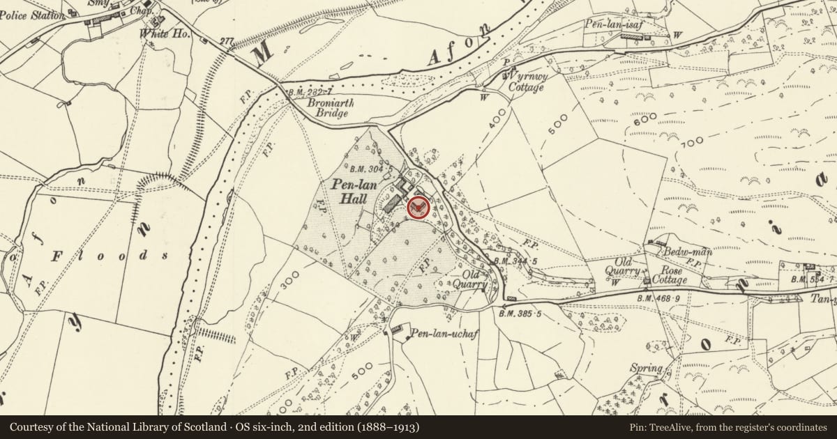 Ordnance Survey six-inch map, 2nd edition (1888–1913) covering the location of 'L'-Shaped Range of Farm Builings, including a Dovecote at Pen-y-Lan Hall, Meifod, Powys, with a pin at the register's coordinates