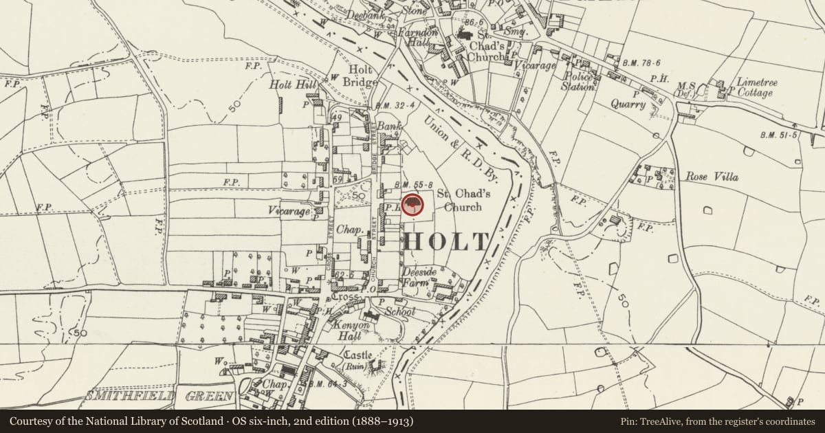 Ordnance Survey six-inch map, 2nd edition (1888–1913) covering the location of Parish Church of St Chad, Holt, Wrexham, with a pin at the register's coordinates