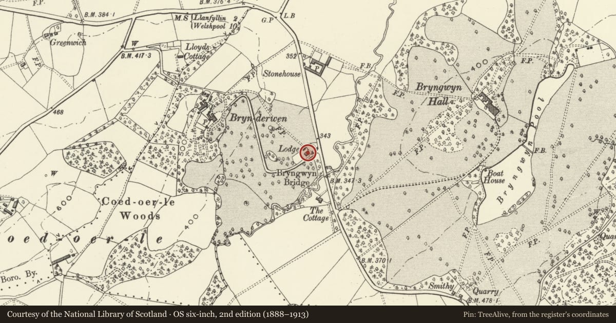 Ordnance Survey six-inch map, 2nd edition (1888–1913) covering the location of Bryn-Derwen Lodge, Meifod, Powys, with a pin at the register's coordinates