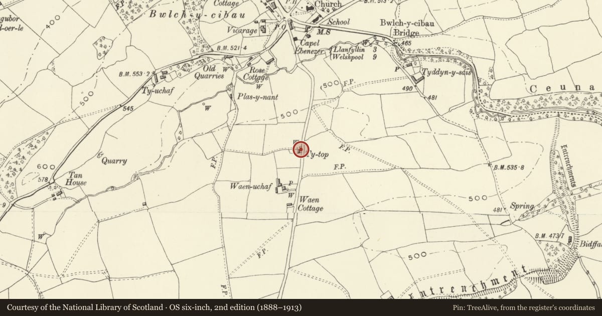 Ordnance Survey six-inch map, 2nd edition (1888–1913) covering the location of Ty Rop, Meifod, Powys, with a pin at the register's coordinates