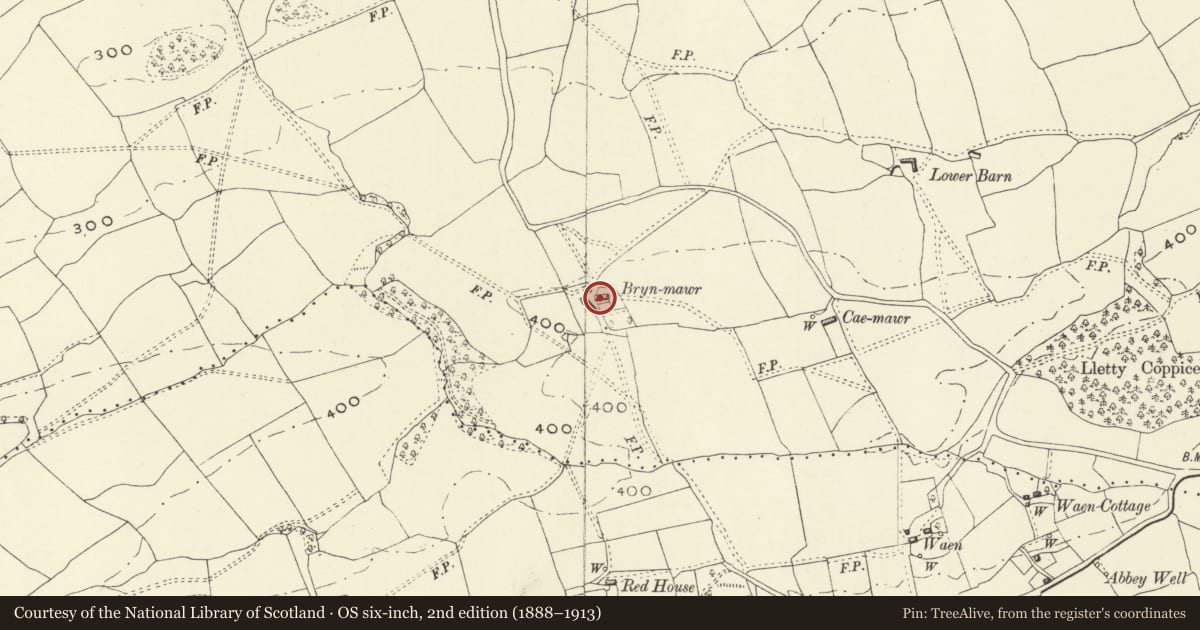Ordnance Survey six-inch map, 2nd edition (1888–1913) covering the location of Bryn Mawr Farmhouse, Meifod, Powys, with a pin at the register's coordinates