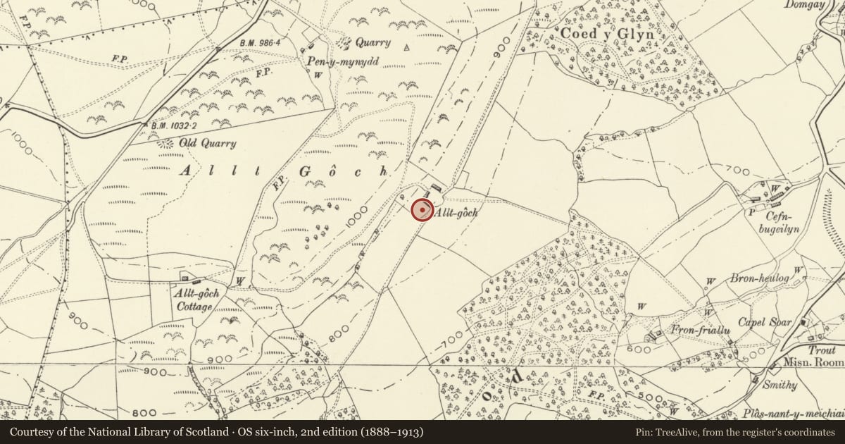 Ordnance Survey six-inch map, 2nd edition (1888–1913) covering the location of Allt Goch Isaf, Meifod, Powys, with a pin at the register's coordinates