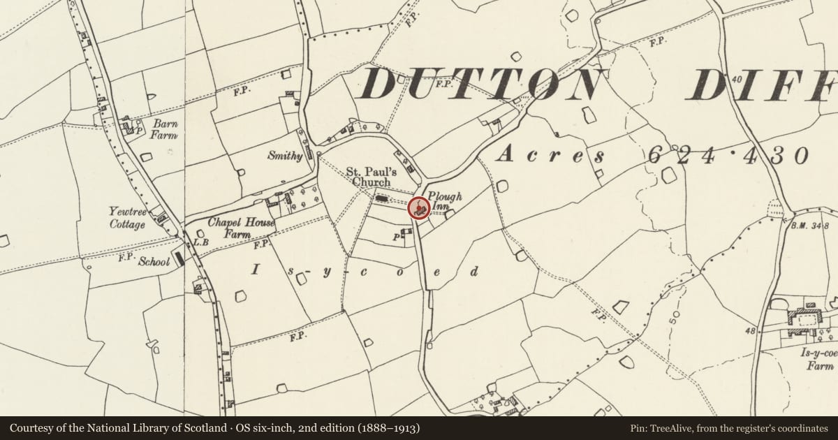 Ordnance Survey six-inch map, 2nd edition (1888–1913) covering the location of Plough Inn PH, Isycoed, Wrexham, with a pin at the register's coordinates