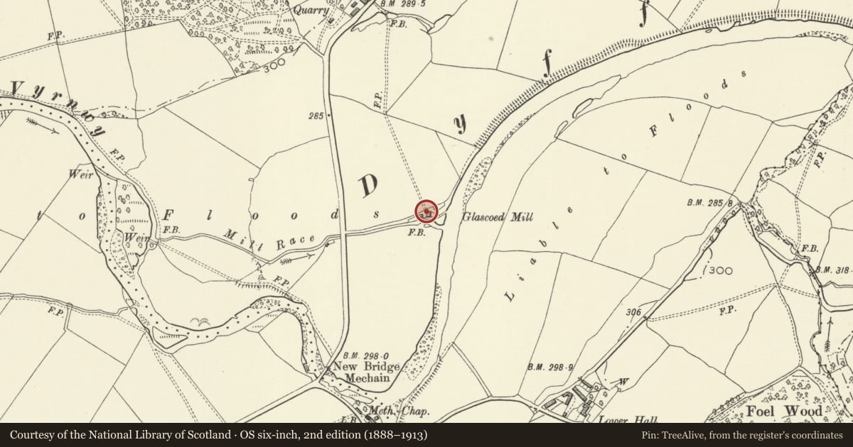 Ordnance Survey six-inch map, 2nd edition (1888–1913) covering the location of Glascoed Mill, Meifod, Powys, with a pin at the register's coordinates