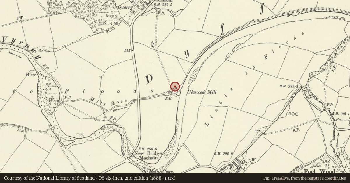 Ordnance Survey six-inch map, 2nd edition (1888–1913) covering the location of Pig Sties at Glascoed Mill, Meifod, Powys, with a pin at the register's coordinates