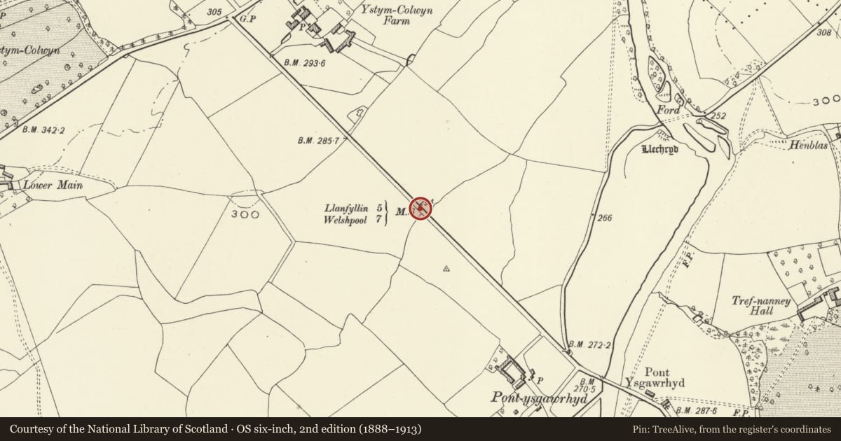 Ordnance Survey six-inch map, 2nd edition (1888–1913) covering the location of Mile Post, Meifod, Powys, with a pin at the register's coordinates