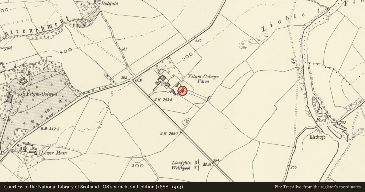 Ordnance Survey six-inch map, 2nd edition (1888–1913) covering the location of Stable Building at Ystumcolwyn Farm, Meifod, Powys, with a pin at the register's coordinates