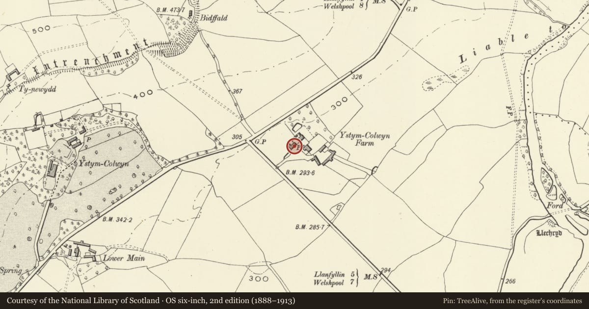 Ordnance Survey six-inch map, 2nd edition (1888–1913) covering the location of Brewhouse Range at Ystumcolwyn Farm, Meifod, Powys, with a pin at the register's coordinates