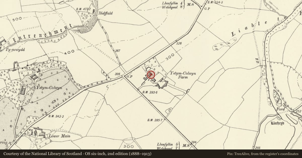 Ordnance Survey six-inch map, 2nd edition (1888–1913) covering the location of Wheel House including Barn at Ystumcolwyn Farm, Meifod, Powys, with a pin at the register's coordinates