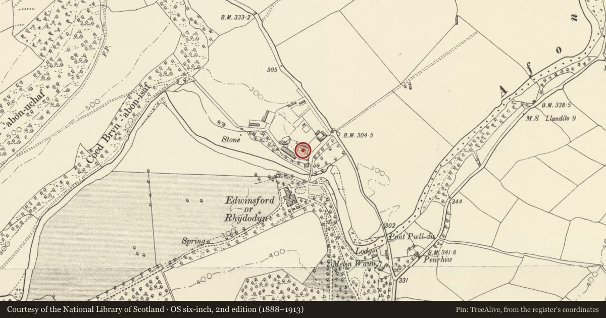 Ordnance Survey six-inch map, 2nd edition (1888–1913) covering the location of Sundial, Llansawel, Carmarthenshire, with a pin at the register's coordinates