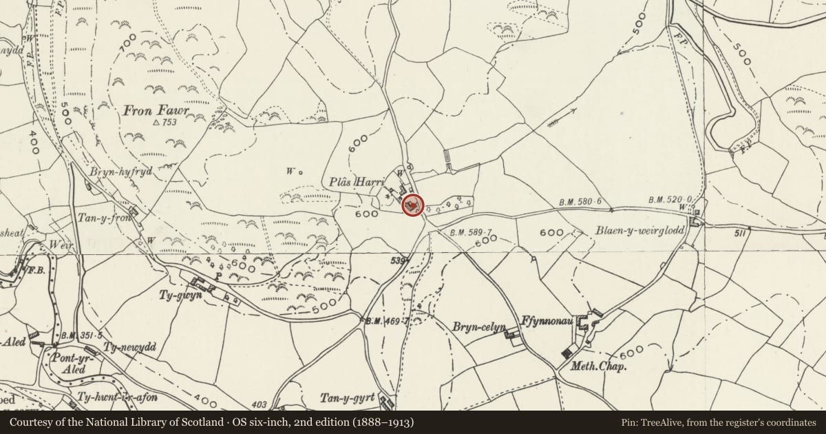 Ordnance Survey six-inch map, 2nd edition (1888–1913) covering the location of Plas Harri, Llannefydd, Conwy, with a pin at the register's coordinates