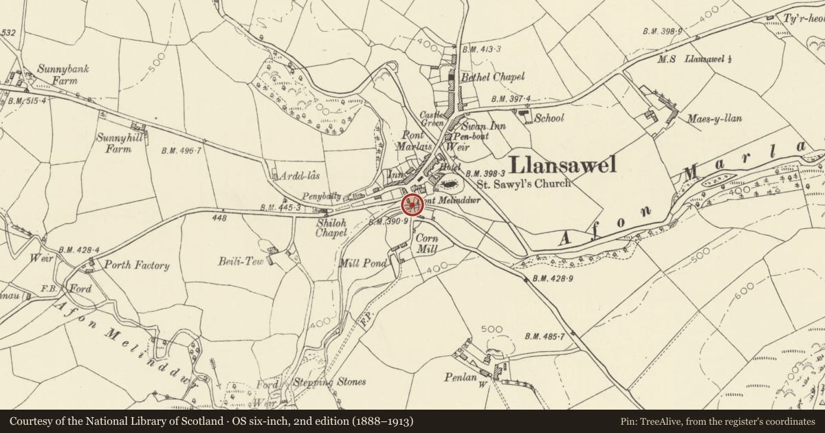 Ordnance Survey six-inch map, 2nd edition (1888–1913) covering the location of Pont Melindwr, Llansawel, Carmarthenshire, with a pin at the register's coordinates
