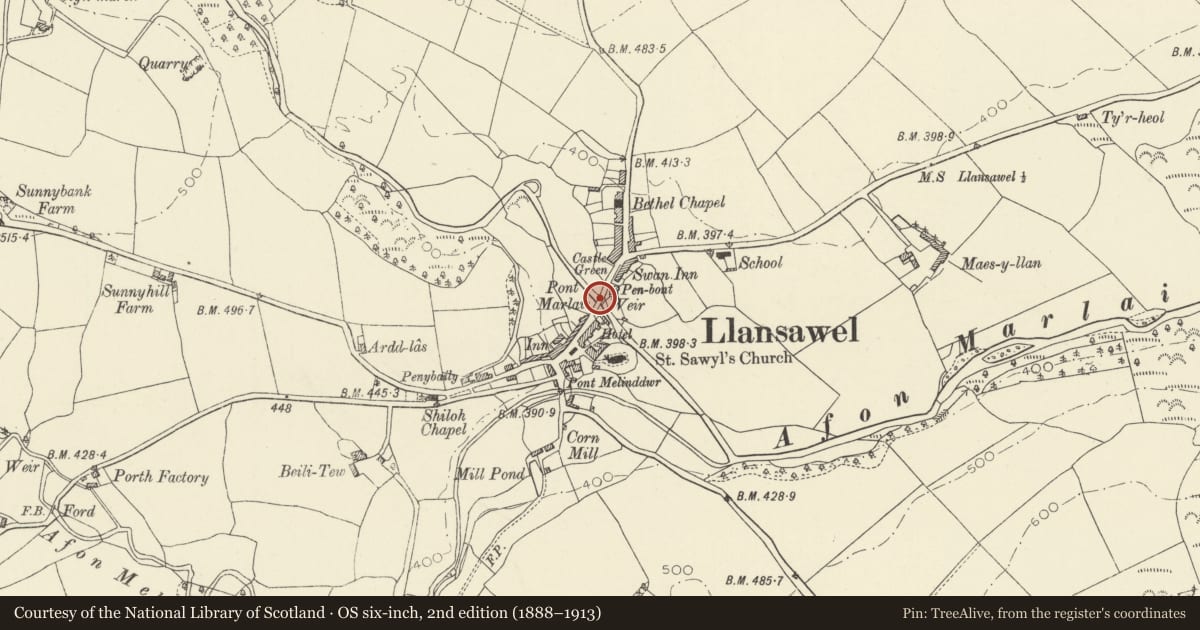 Ordnance Survey six-inch map, 2nd edition (1888–1913) covering the location of Bridge over River Morlais, Llansawel, Carmarthenshire, with a pin at the register's coordinates