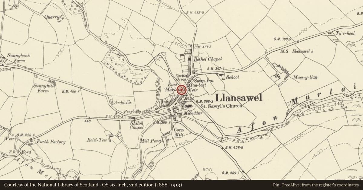 Ordnance Survey six-inch map, 2nd edition (1888–1913) covering the location of Telephone Call-box outside Village Hall, Llansawel, Carmarthenshire, with a pin at the register's coordinates