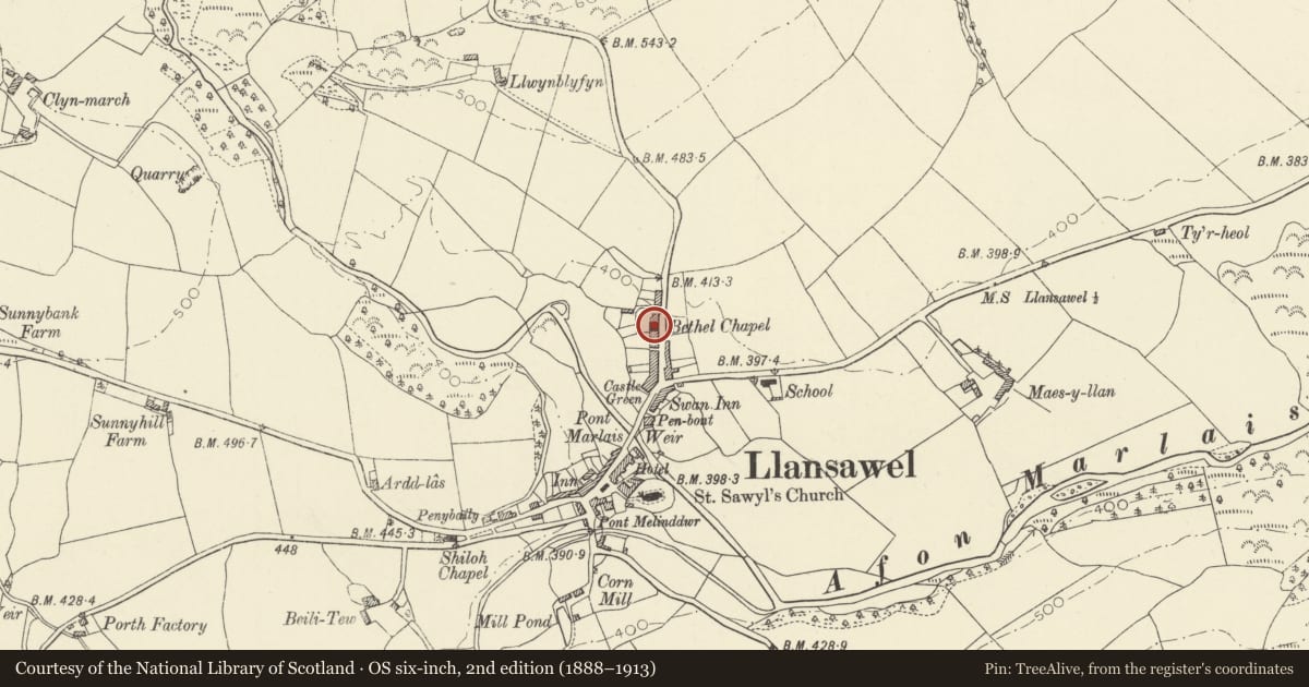 Ordnance Survey six-inch map, 2nd edition (1888–1913) covering the location of Bethel Calvinistic Methodist Chapel, including Vestry to Right, Llansawel, Carmarthenshire, with a pin at the register's coordinates