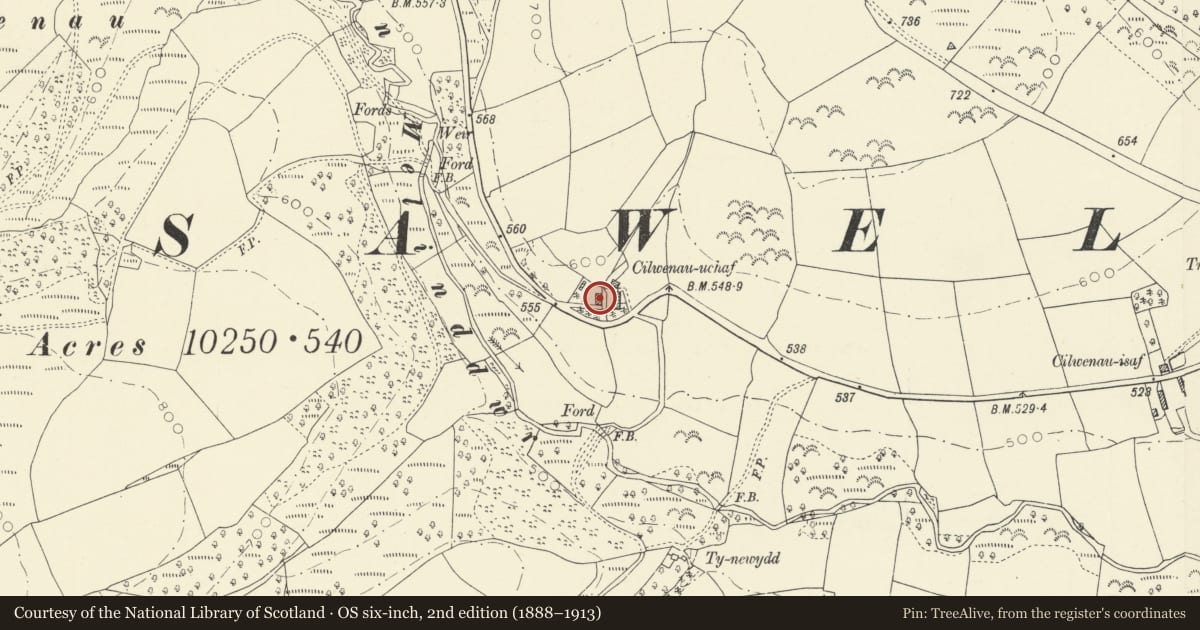 Ordnance Survey six-inch map, 2nd edition (1888–1913) covering the location of Barn Range at Cilwenau Uchaf, Llansawel, Carmarthenshire, with a pin at the register's coordinates