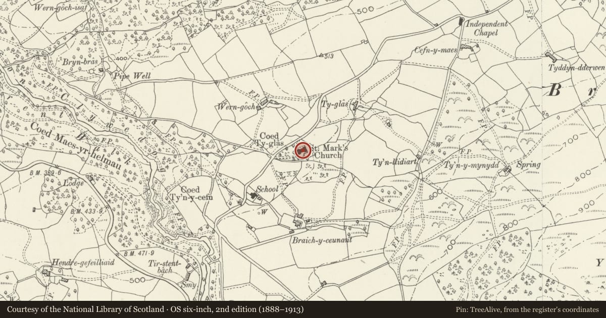 Ordnance Survey six-inch map, 2nd edition (1888–1913) covering the location of Church of St Mark, Brithdir and Llanfachreth, Gwynedd, with a pin at the register's coordinates