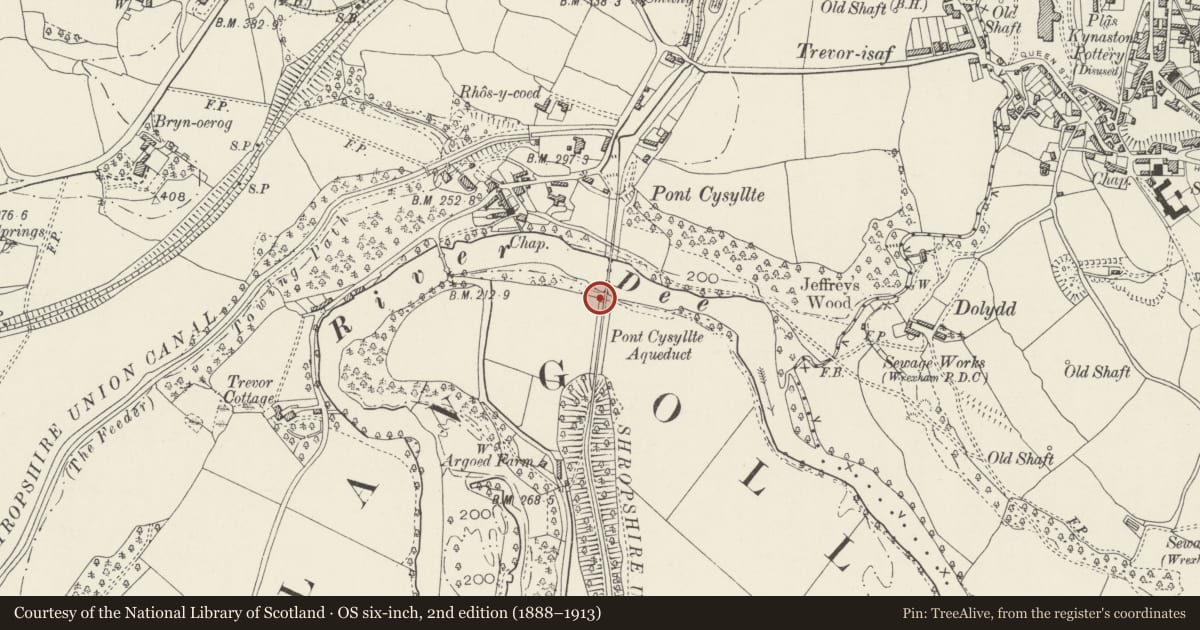 Ordnance Survey six-inch map, 2nd edition (1888–1913) covering the location of Pontcysyllte Aqueduct, Llangollen Rural, Wrexham, with a pin at the register's coordinates