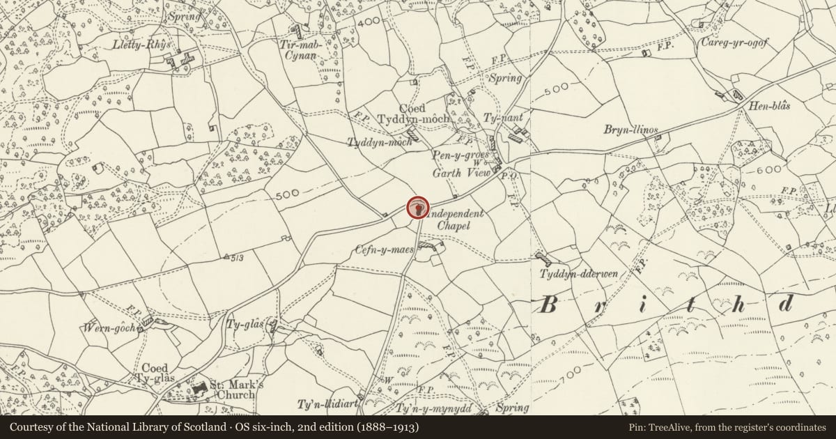 Ordnance Survey six-inch map, 2nd edition (1888–1913) covering the location of Brithdir Independent Chapel including Low Front Walls, Railings and Gates, Brithdir and Llanfachreth, Gwynedd, with a pin at the register's coordinates