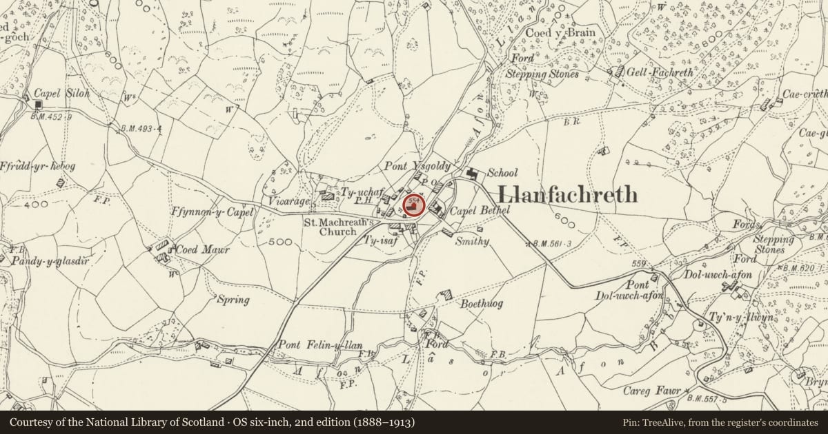 Ordnance Survey six-inch map, 2nd edition (1888–1913) covering the location of St Machreth's Church, Brithdir and Llanfachreth, Gwynedd, with a pin at the register's coordinates