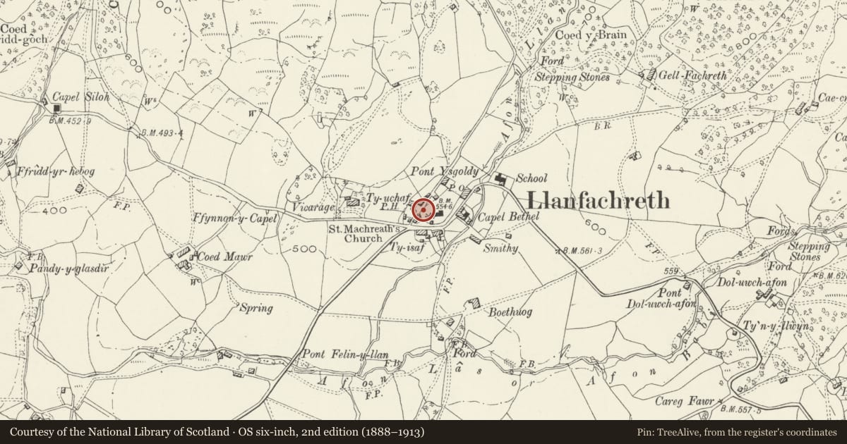 Ordnance Survey six-inch map, 2nd edition (1888–1913) covering the location of Churhyard Walls to N and S of St Machreth's Church including Jones and Vaughan Family Monuments, Brithdir and Llanfachreth, Gwynedd, with a pin at the register's coordinates