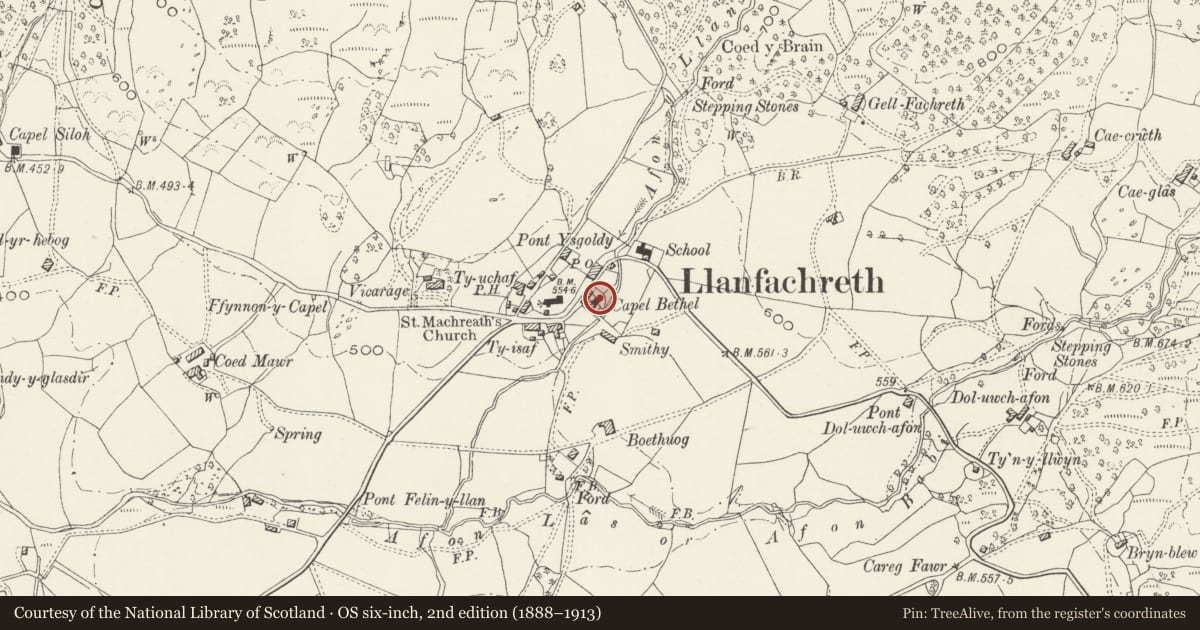 Ordnance Survey six-inch map, 2nd edition (1888–1913) covering the location of Bethel Chapel, Brithdir and Llanfachreth, Gwynedd, with a pin at the register's coordinates