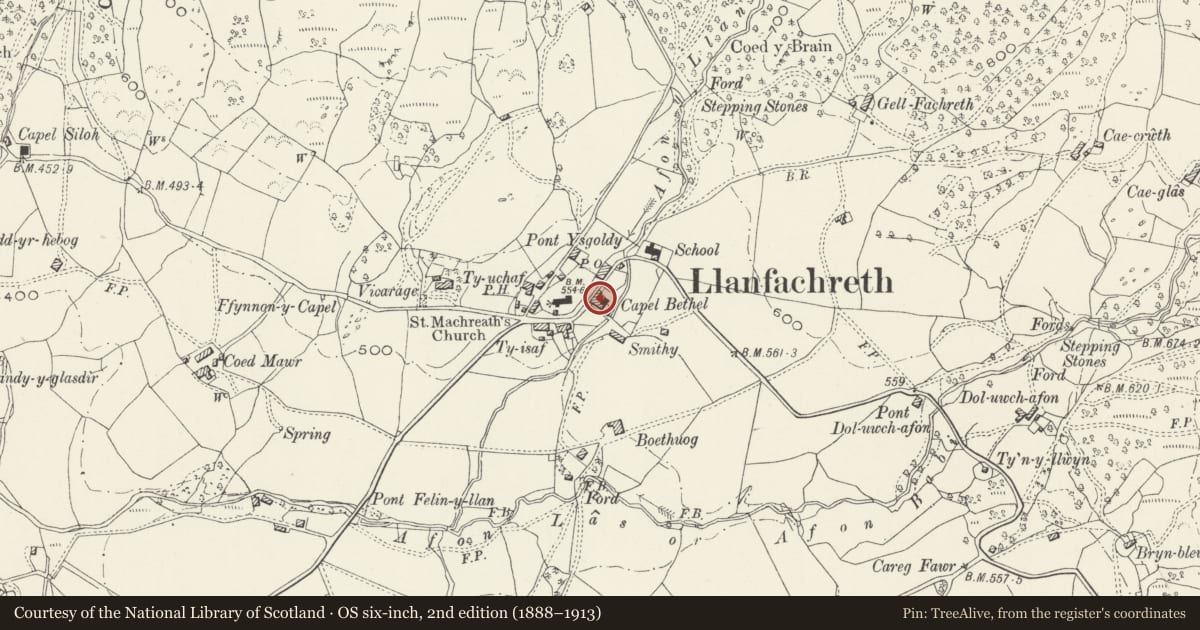 Ordnance Survey six-inch map, 2nd edition (1888–1913) covering the location of Attached Former Minister's House to Bethel Chapel, Brithdir and Llanfachreth, Gwynedd, with a pin at the register's coordinates