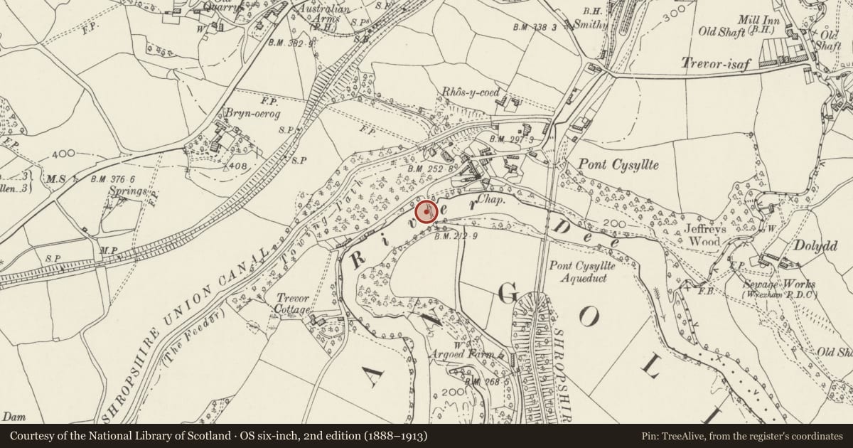 Ordnance Survey six-inch map, 2nd edition (1888–1913) covering the location of Pont Cysylltau, Llangollen Rural, Wrexham, with a pin at the register's coordinates