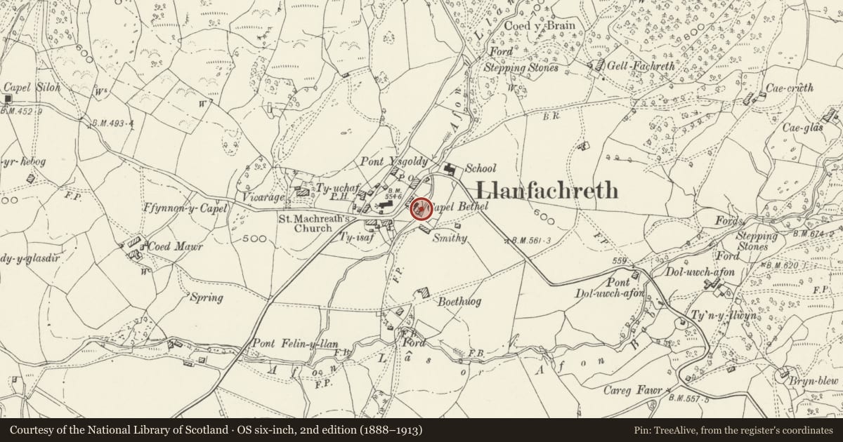 Ordnance Survey six-inch map, 2nd edition (1888–1913) covering the location of Former Stable Block at Bethel Chapel, Brithdir and Llanfachreth, Gwynedd, with a pin at the register's coordinates