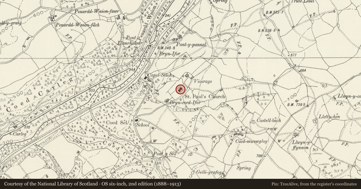 Ordnance Survey six-inch map, 2nd edition (1888–1913) covering the location of St Paul's Church, Brithdir and Llanfachreth, Gwynedd, with a pin at the register's coordinates