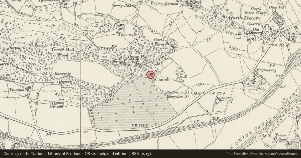Ordnance Survey six-inch map, 2nd edition (1888–1913) covering the location of Trevor Church, Llangollen Rural, Wrexham, with a pin at the register's coordinates