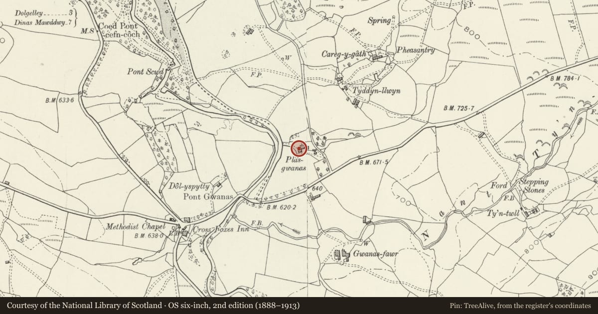 Ordnance Survey six-inch map, 2nd edition (1888–1913) covering the location of Gwanas Farmhouse including attached Byre Range, Brithdir and Llanfachreth, Gwynedd, with a pin at the register's coordinates
