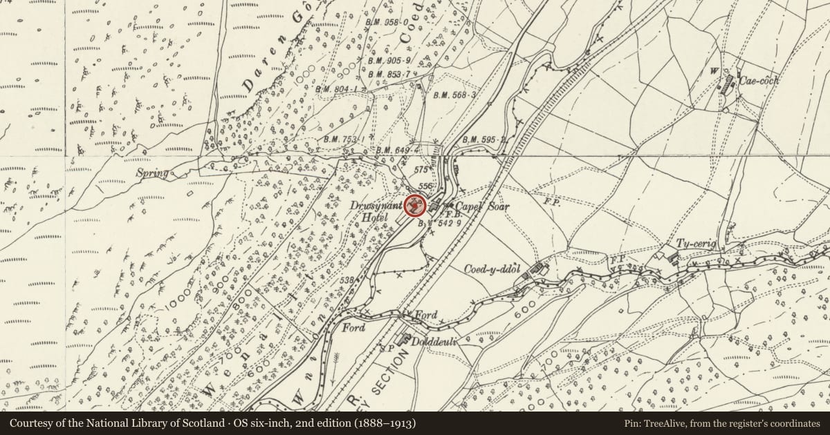 Ordnance Survey six-inch map, 2nd edition (1888–1913) covering the location of Hywel Dda Hotel, Brithdir and Llanfachreth, Gwynedd, with a pin at the register's coordinates