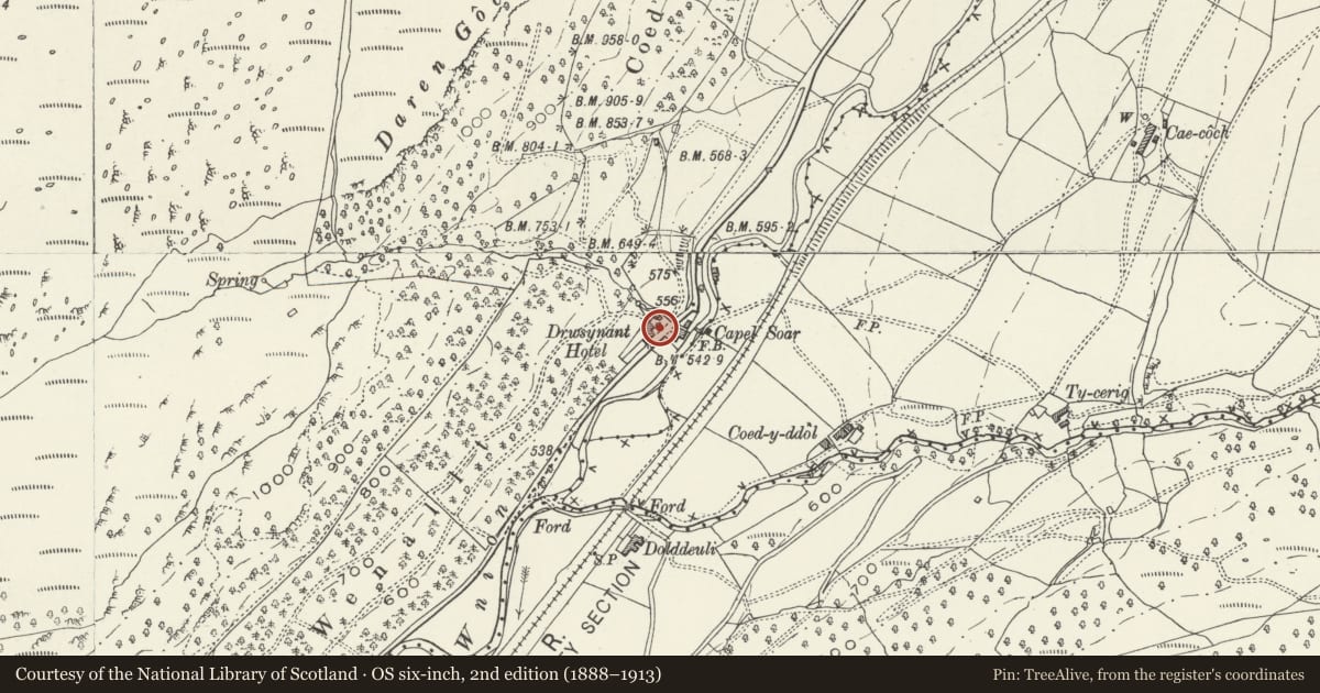 Ordnance Survey six-inch map, 2nd edition (1888–1913) covering the location of Former Cart House at the Hywel Dda Hotel, Brithdir and Llanfachreth, Gwynedd, with a pin at the register's coordinates