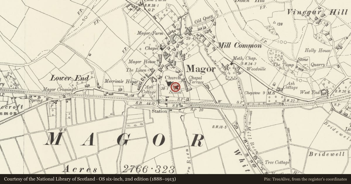 Ordnance Survey six-inch map, 2nd edition (1888–1913) covering the location of Old School, Magor with Undy, Monmouthshire, with a pin at the register's coordinates