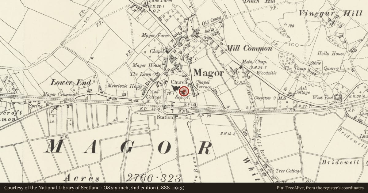 Ordnance Survey six-inch map, 2nd edition (1888–1913) covering the location of Schoolhouse, Magor with Undy, Monmouthshire, with a pin at the register's coordinates