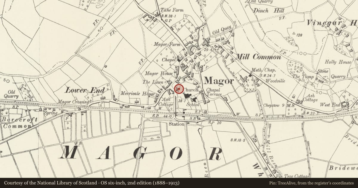 Ordnance Survey six-inch map, 2nd edition (1888–1913) covering the location of Magor Mansion (also known as the Procurator's House), Magor with Undy, Monmouthshire, with a pin at the register's coordinates