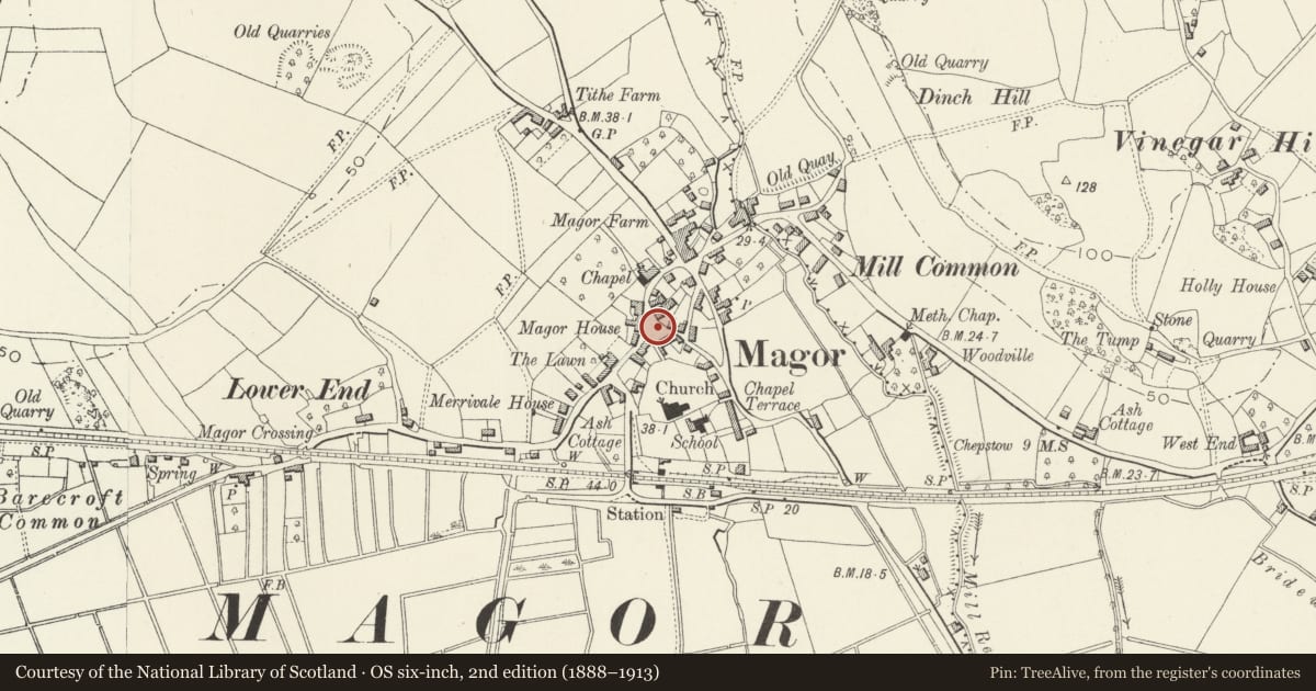 Ordnance Survey six-inch map, 2nd edition (1888–1913) covering the location of War Memorial, Magor with Undy, Monmouthshire, with a pin at the register's coordinates