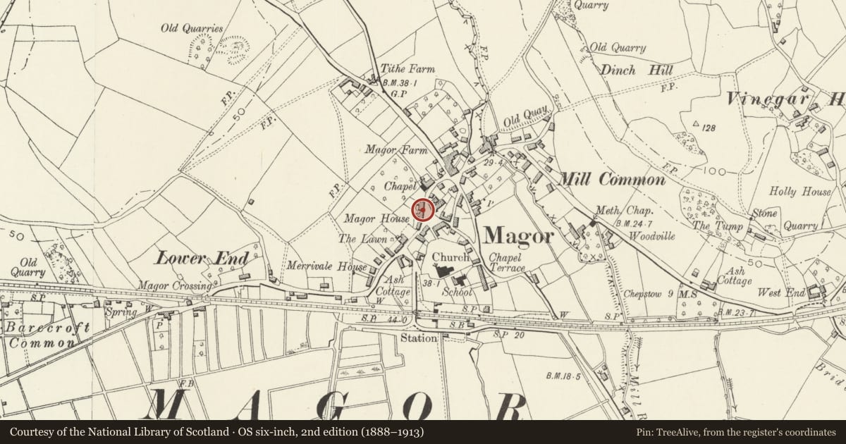 Ordnance Survey six-inch map, 2nd edition (1888–1913) covering the location of The Golden Lion PH, Magor with Undy, Monmouthshire, with a pin at the register's coordinates