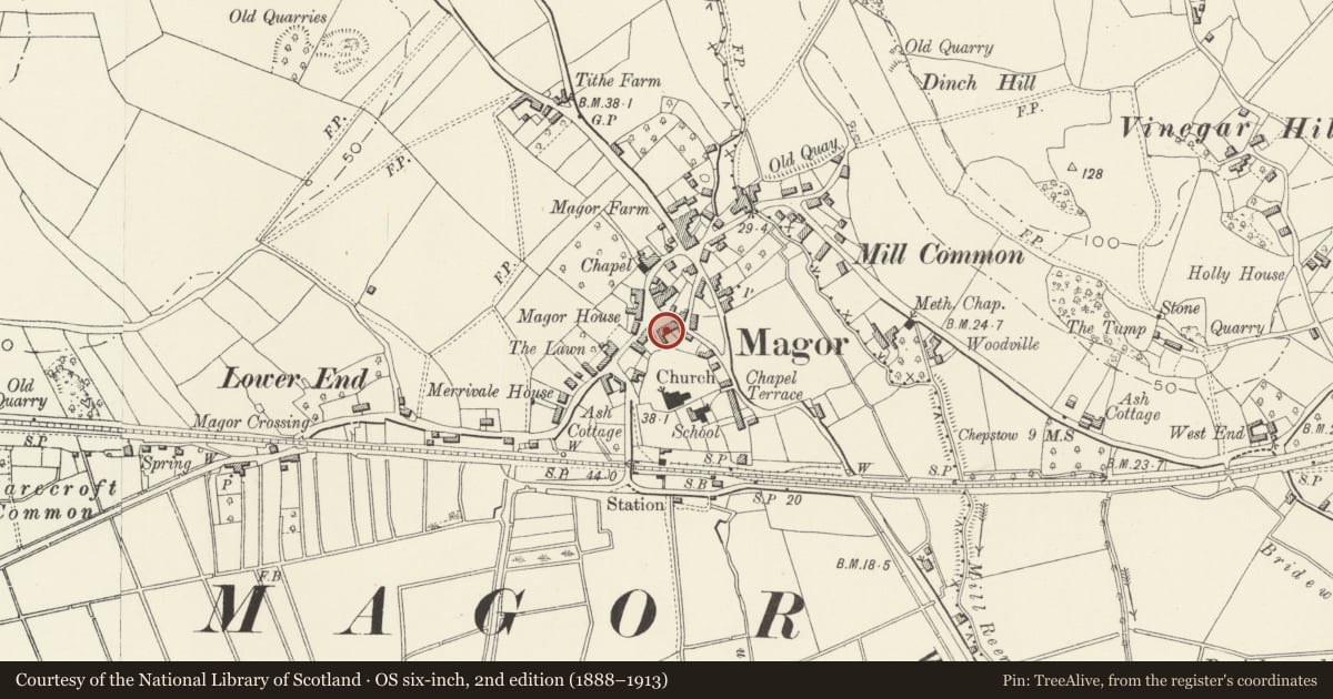 Ordnance Survey six-inch map, 2nd edition (1888–1913) covering the location of Magor Post Office, Magor with Undy, Monmouthshire, with a pin at the register's coordinates