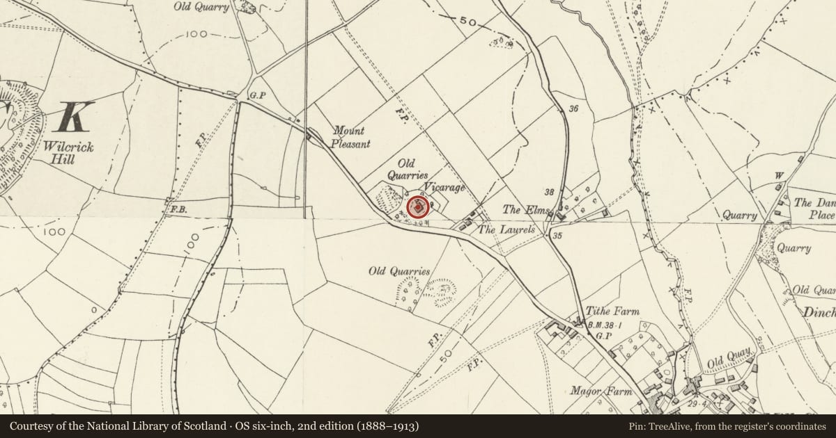 Ordnance Survey six-inch map, 2nd edition (1888–1913) covering the location of The Vicarage, Magor with Undy, Monmouthshire, with a pin at the register's coordinates