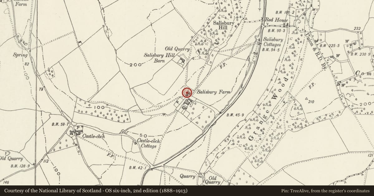 Ordnance Survey six-inch map, 2nd edition (1888–1913) covering the location of Salisbury Farmhouse, Caerwent, Monmouthshire, with a pin at the register's coordinates