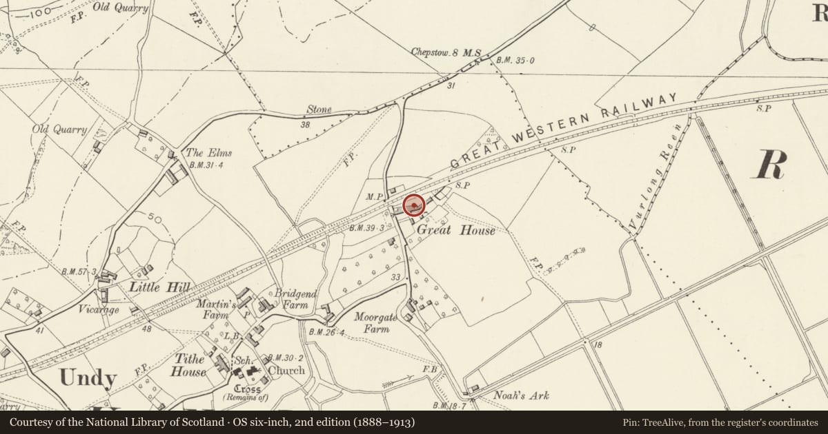 Ordnance Survey six-inch map, 2nd edition (1888–1913) covering the location of Great House Farmhouse including attached range of farm buildings, Magor with Undy, Monmouthshire, with a pin at the register's coordinates