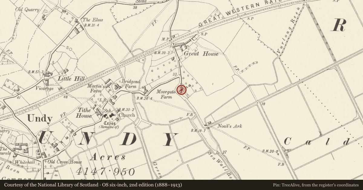Ordnance Survey six-inch map, 2nd edition (1888–1913) covering the location of Moorgate Cottage, Magor with Undy, Monmouthshire, with a pin at the register's coordinates