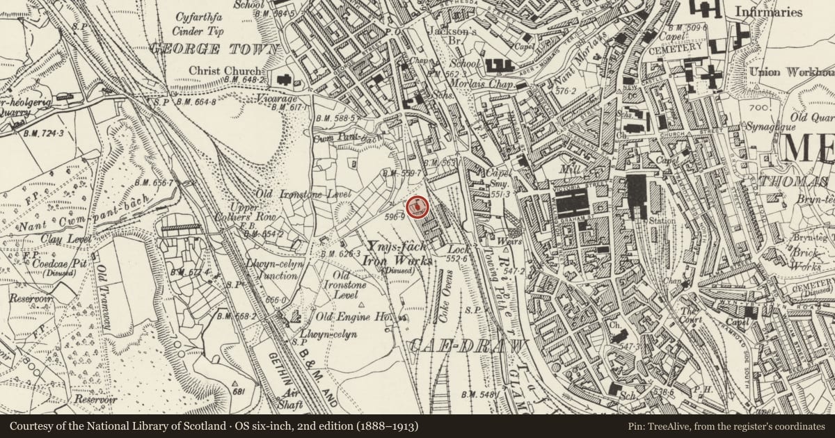 Ordnance Survey six-inch map, 2nd edition (1888–1913) covering the location of Ynysfach Engine House, Cyfarthfa, Merthyr Tydfil, with a pin at the register's coordinates