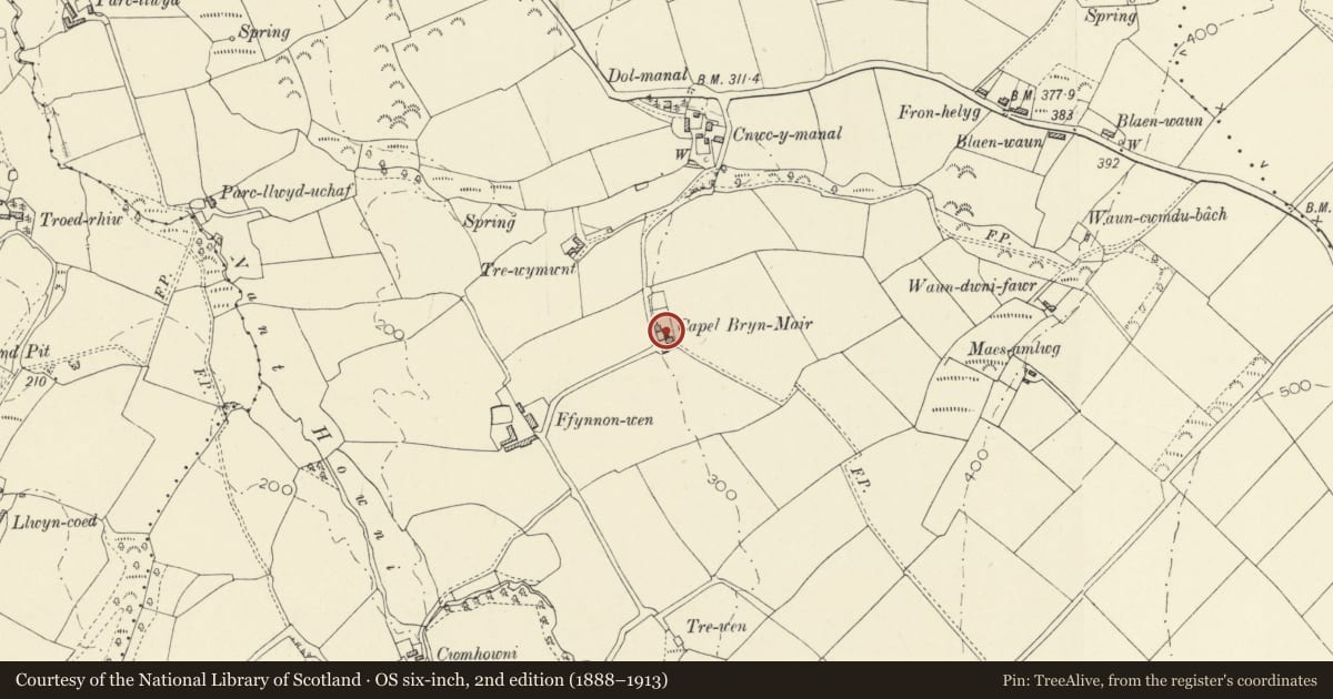 Ordnance Survey six-inch map, 2nd edition (1888–1913) covering the location of Capel Brynmair, Aberporth, Ceredigion, with a pin at the register's coordinates