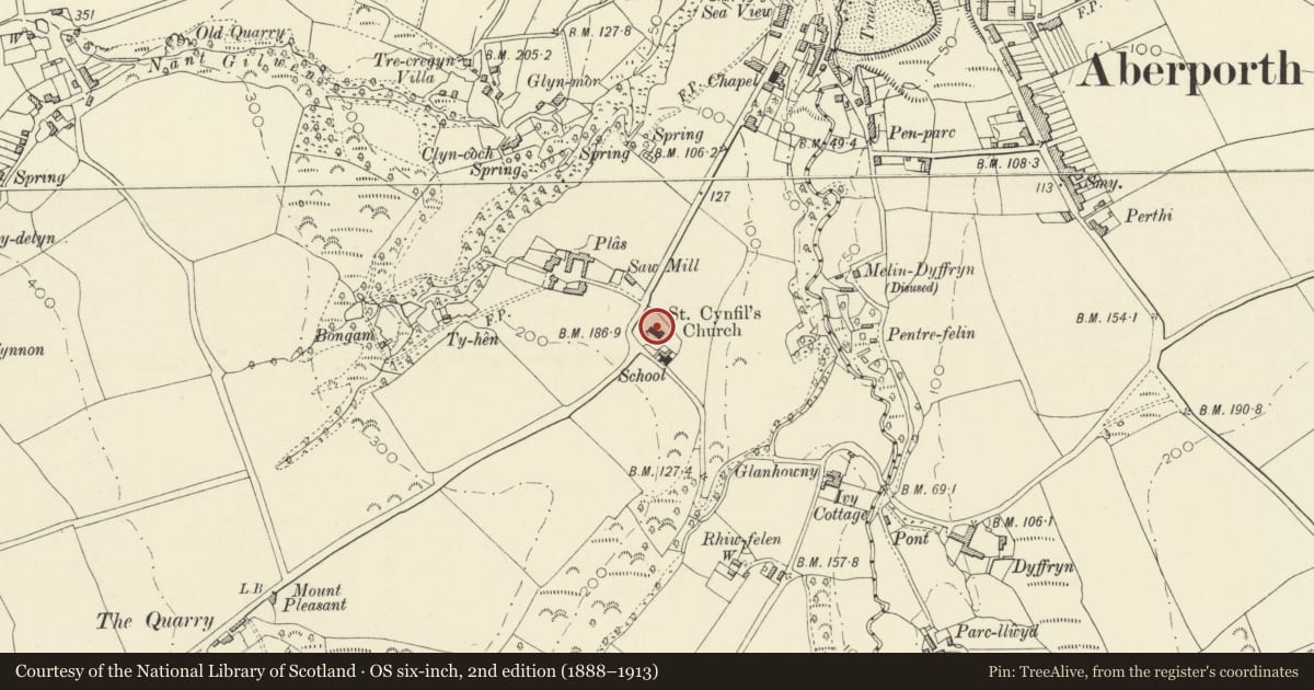 Ordnance Survey six-inch map, 2nd edition (1888–1913) covering the location of Church of St Cynwyl, Aberporth, Ceredigion, with a pin at the register's coordinates